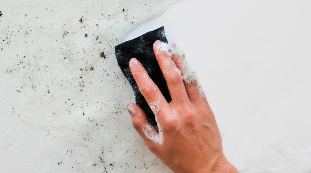 Top view of hand scrubbing dirt with sponge